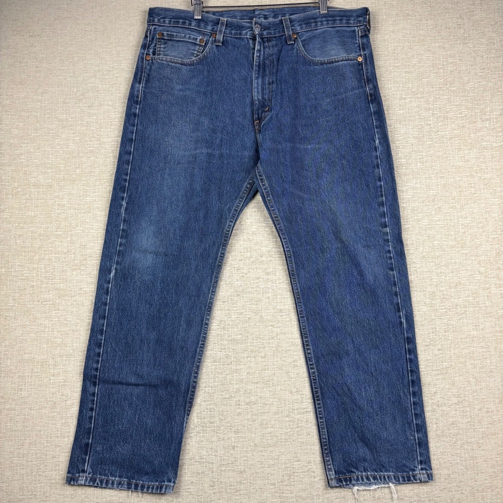 Levis 505 Mens 38x30 Jeans Dark Western Washed Denim slight Fades Distress Hems